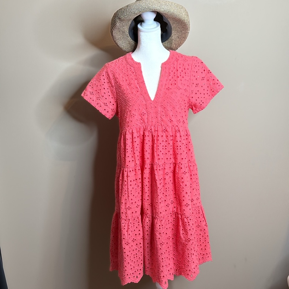 Maeve for Anthropologie coral eyelet tiered split neck dress NWT size small